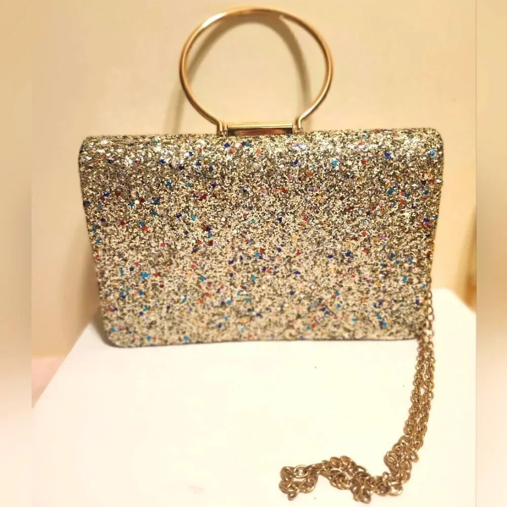 Brand New Gold Glitter Covered Box Clutch w/Gold Metal Chain Strap Cocktail